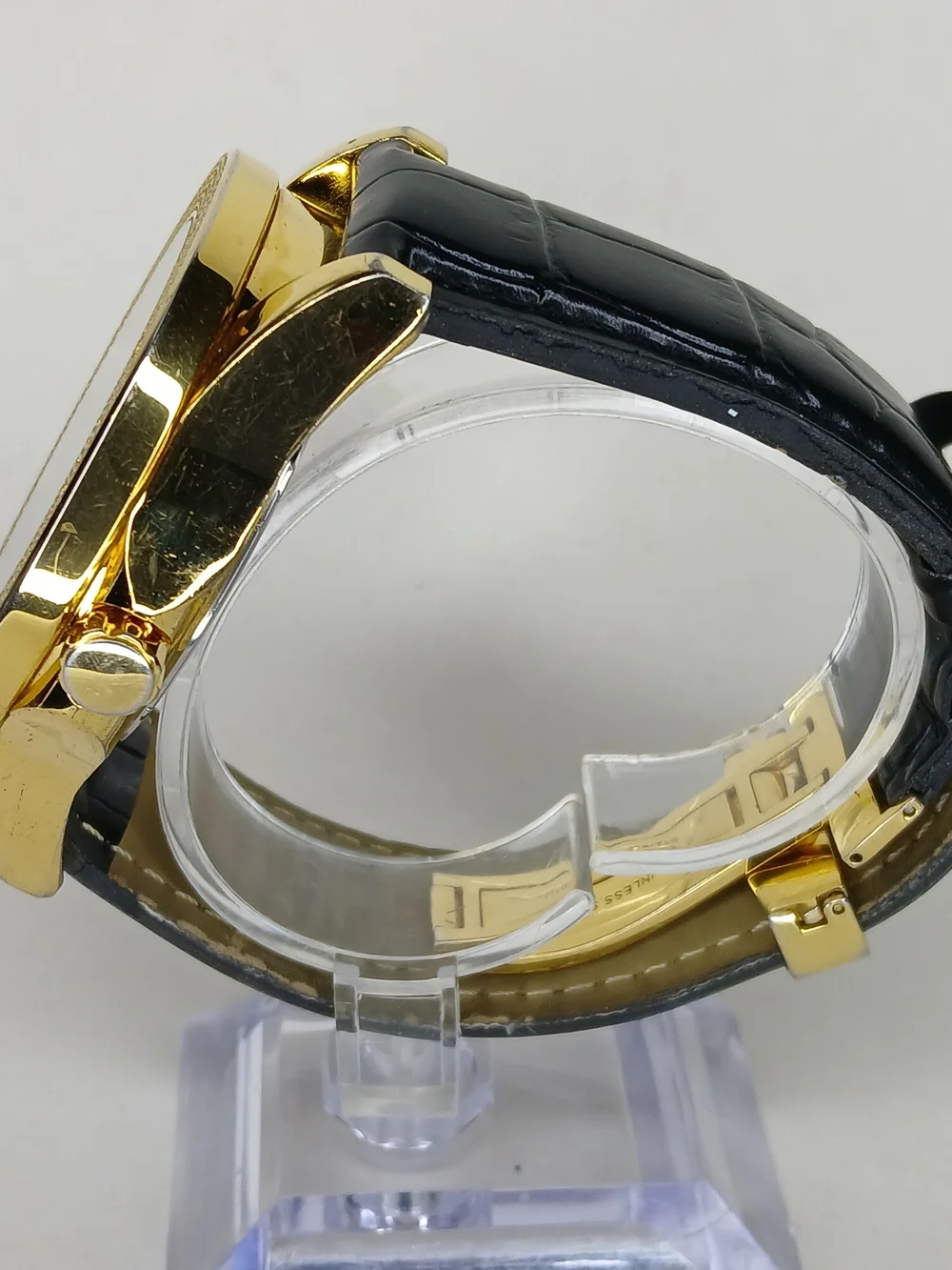 Techno Royale Mens Watch Gold Tone Case Genuine Diamond Bezel Black Leather...